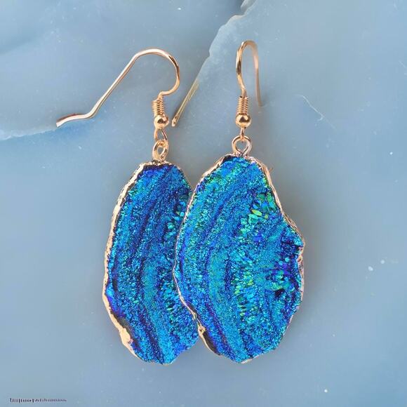 New Long Natural Crystal Geode Blue Iridescent Gold Bezel Earrings Quartz Druzy - Picture 2 of 2